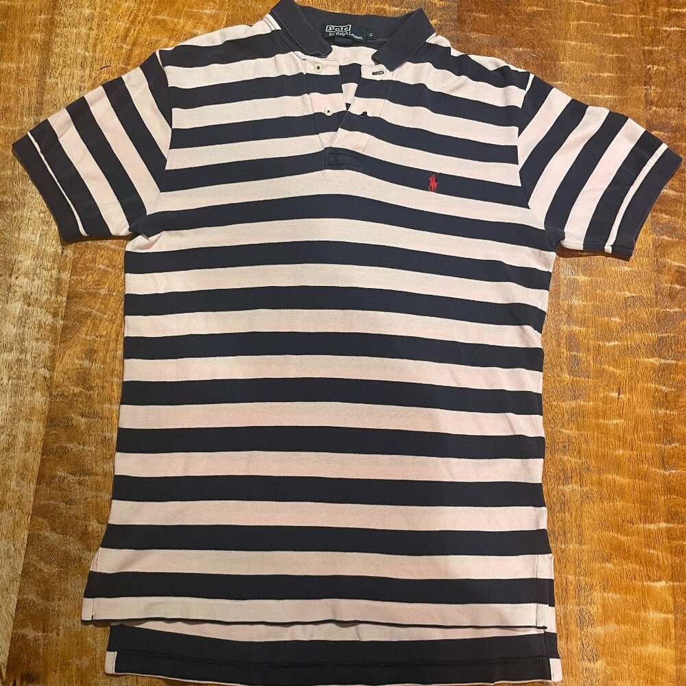 90's Vintage Polo by Ralph Lauren rugby shirt, pink and purple, men's small, y2k